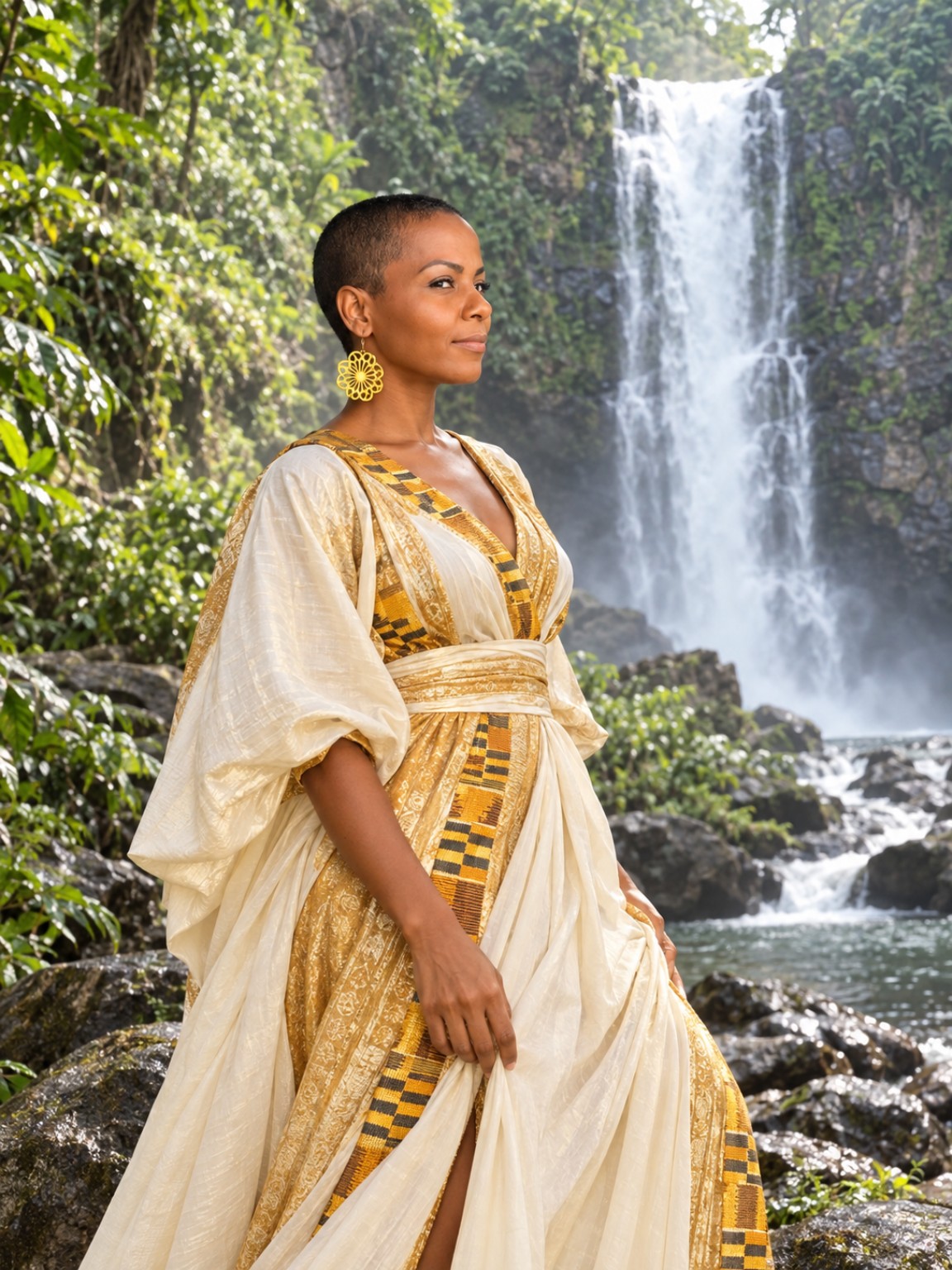 Contemporary African woman in a sculptural natural setting